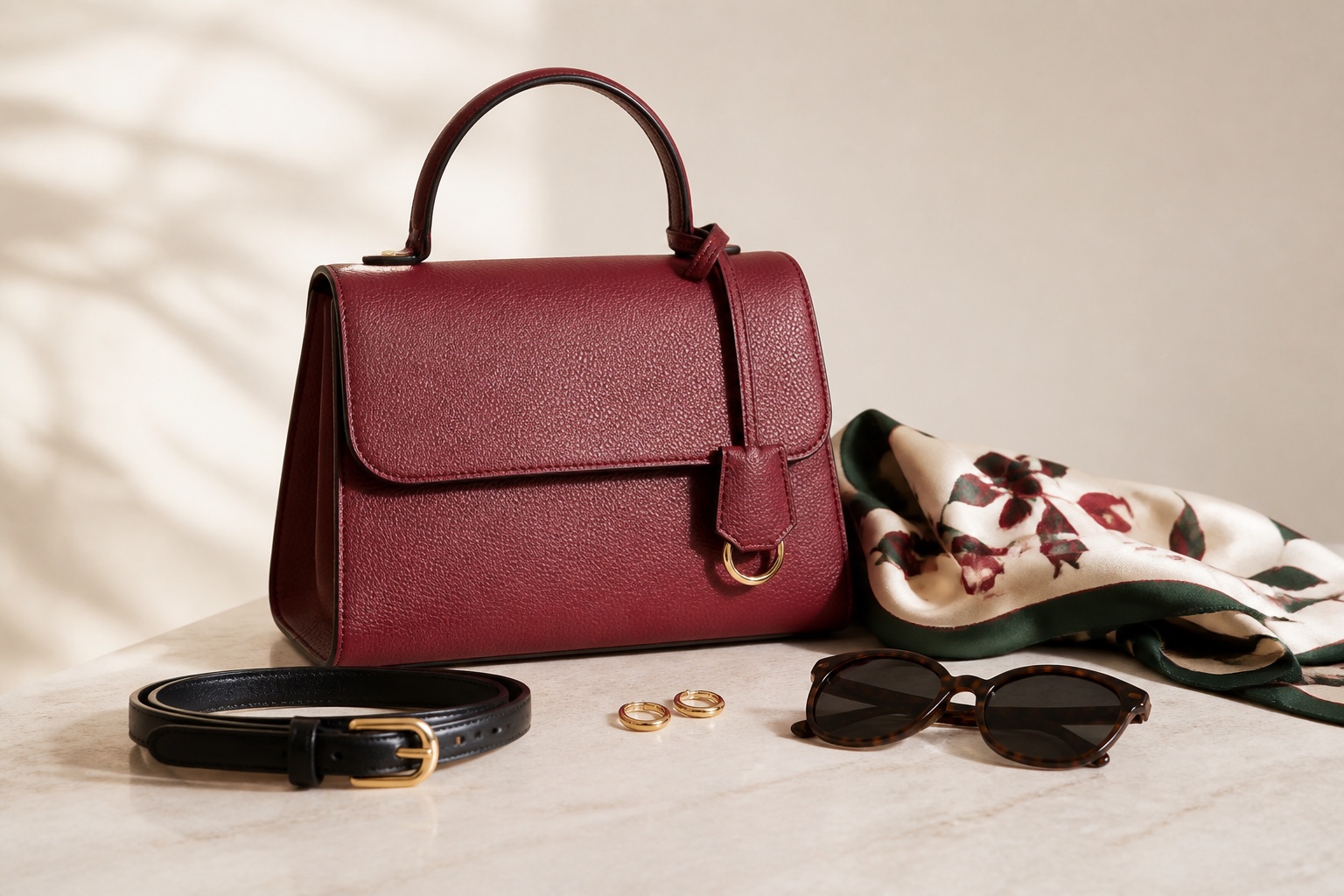 A structured handbag, jewelry, and useful finishing touches