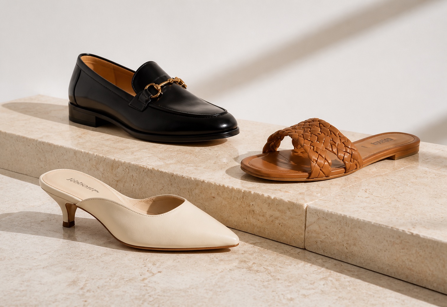 A curated arrangement of black, cognac, and ivory shoes