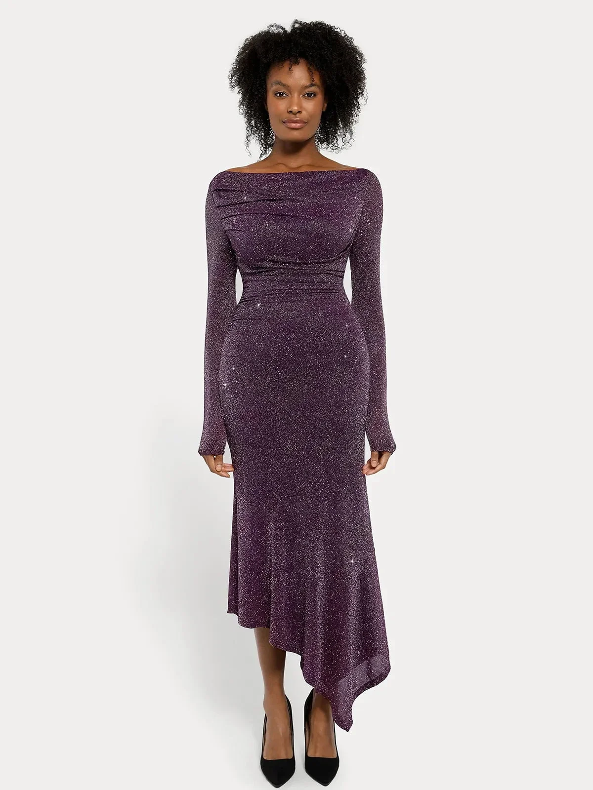 Shapewear Metallic Knit Long Sleeve Slim Mermaid Maxi Dress