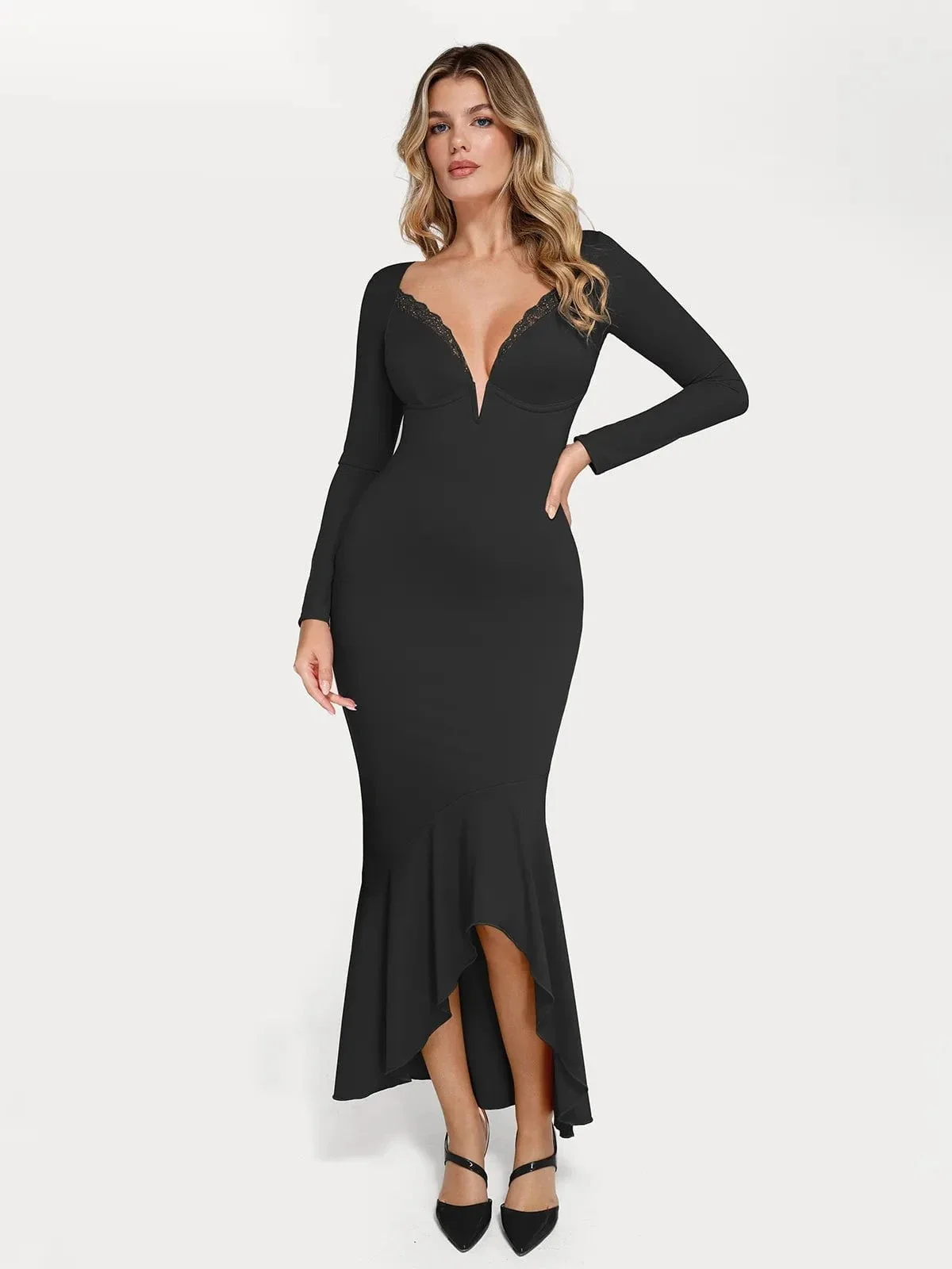 Shapewear Long Sleeve Lace Trim Sculpting Mermaid Maxi Dress