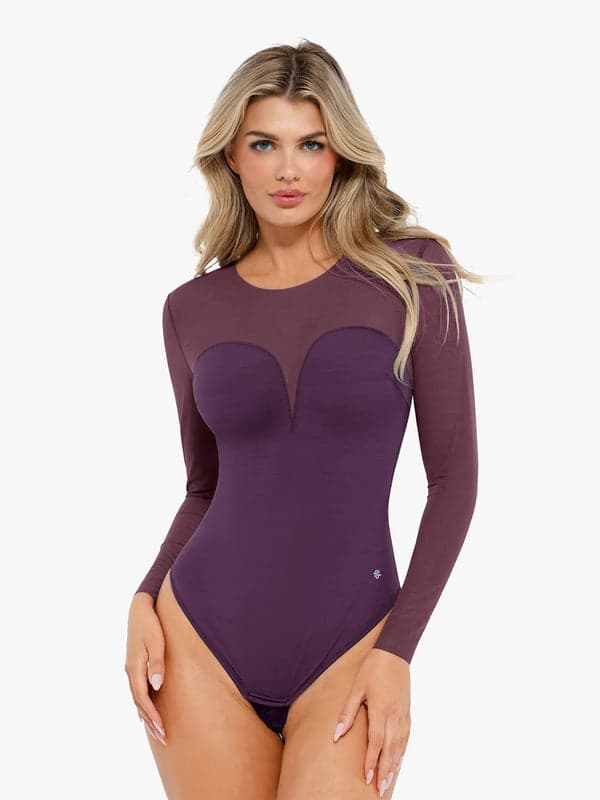 Shapewear Mesh Long Sleeve V-Back Slimming Maxi Dress - Bodysuit / Purple / 3XL