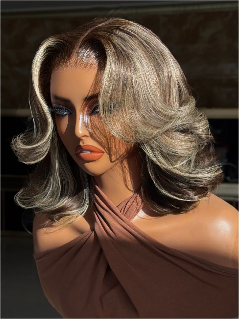 Nadula 13x4 Dark Brown with Honey Blonde Highlights Blow Out Wavy Bob Wig with Layers Put On And Go