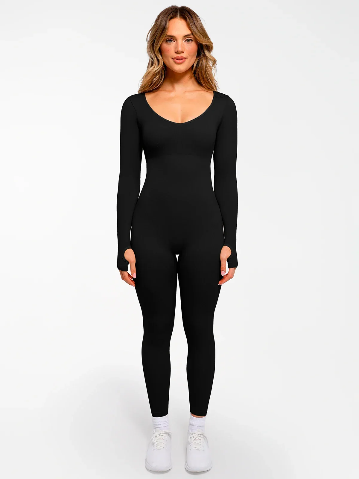 Popilush Ribbed U Neck Built-in Bra Tummy Control Jumpsuit