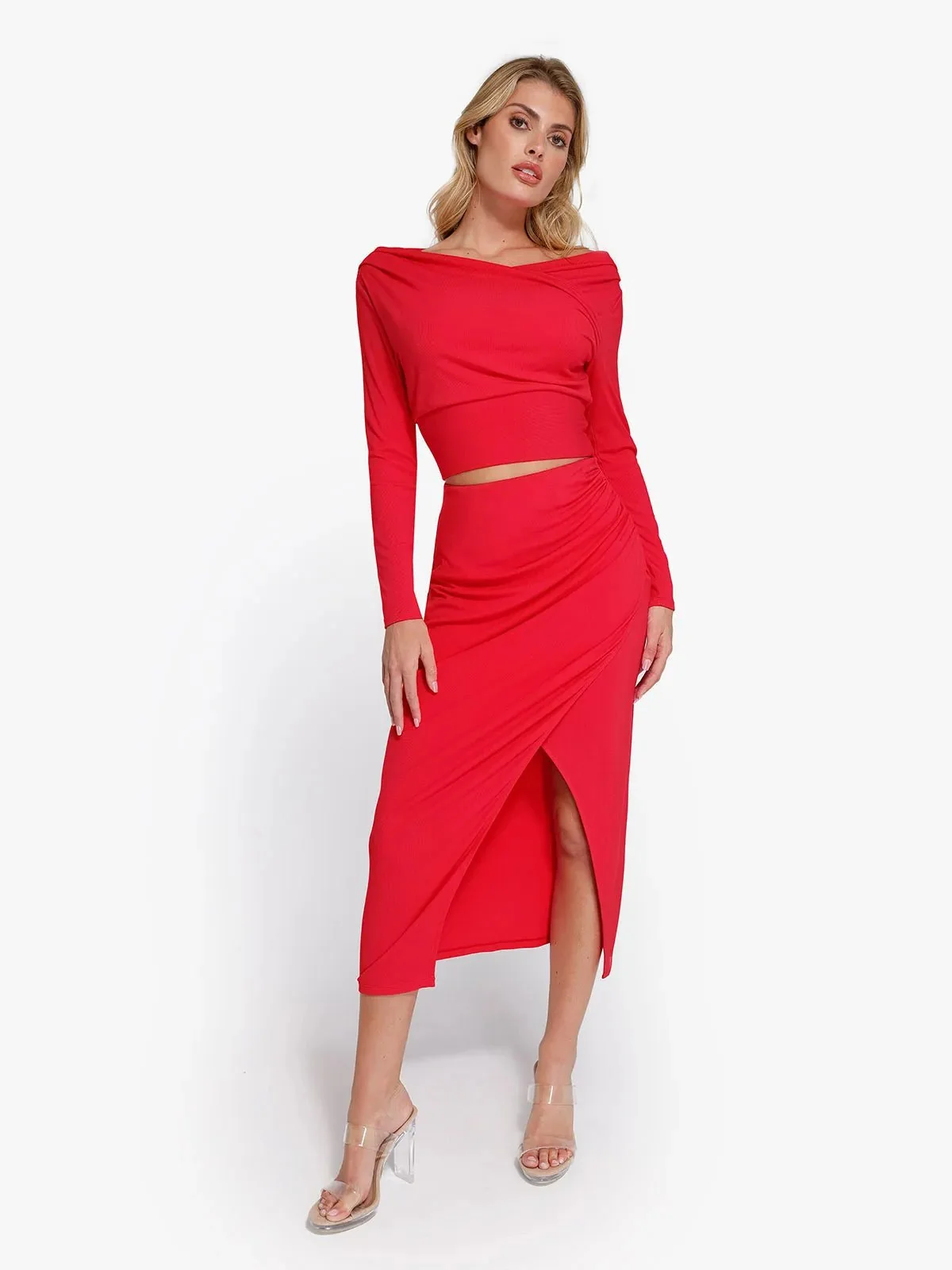 Rib Modal Off-the-Shoulder Top and Sculpting Skirt Set