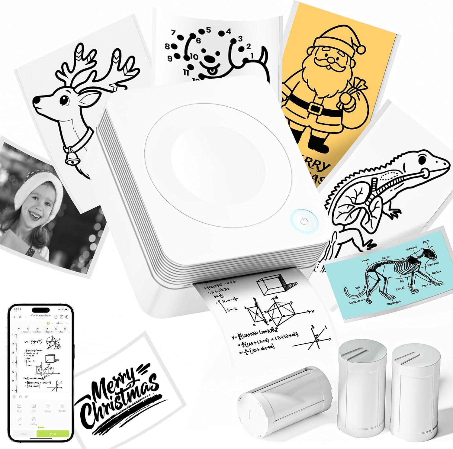 Mini Sticker Printer, PM230 Print Pod with 3 Rolls Paper, White | Bluetooth Portable Sticker Printer, Smart AI App & Multiple Templates for