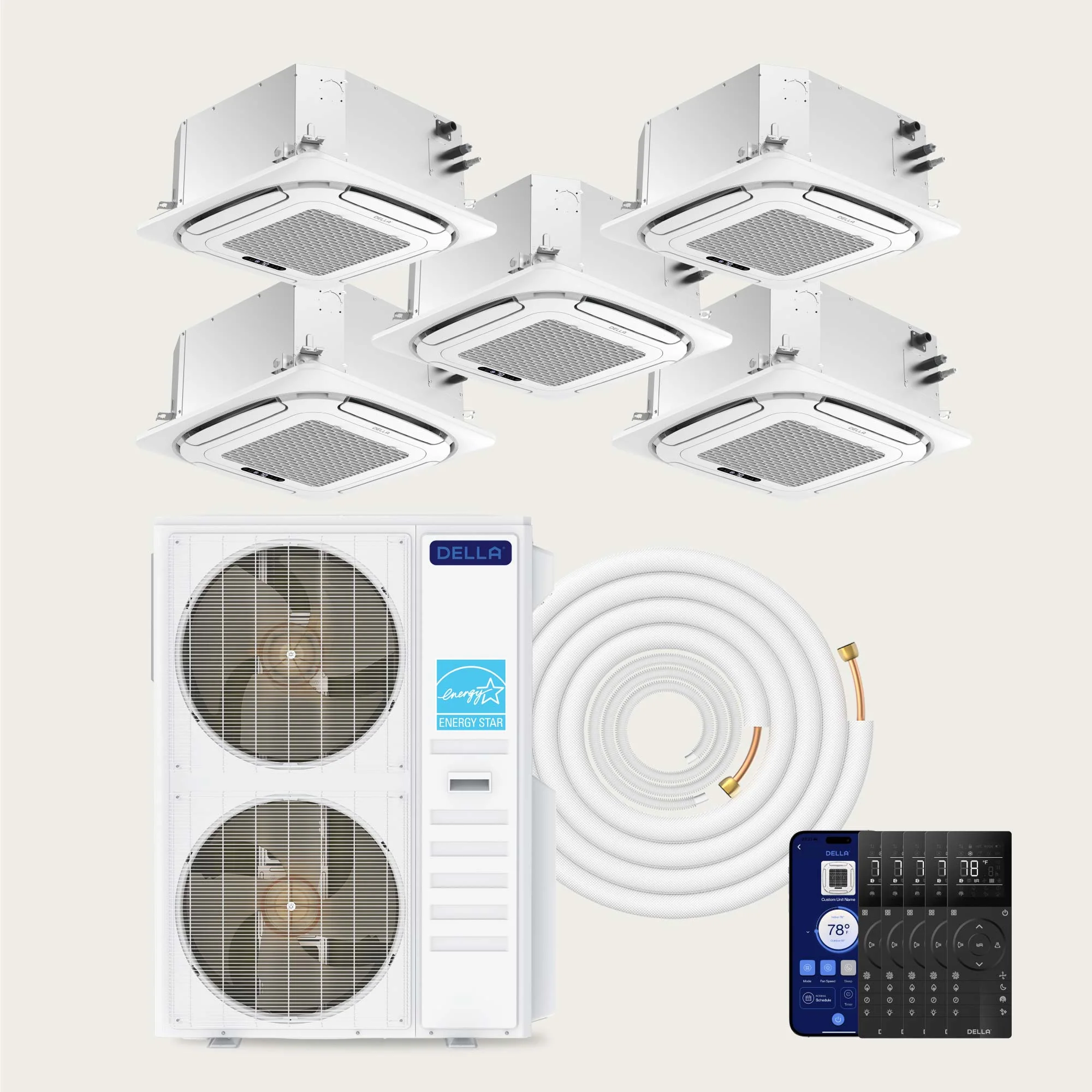 DELLA 55000 BTU Five Zone Ceiling Cassette Mini Split AC (12K+12K+12K+12K+12K) - Up to 2750 Sq.Ft.