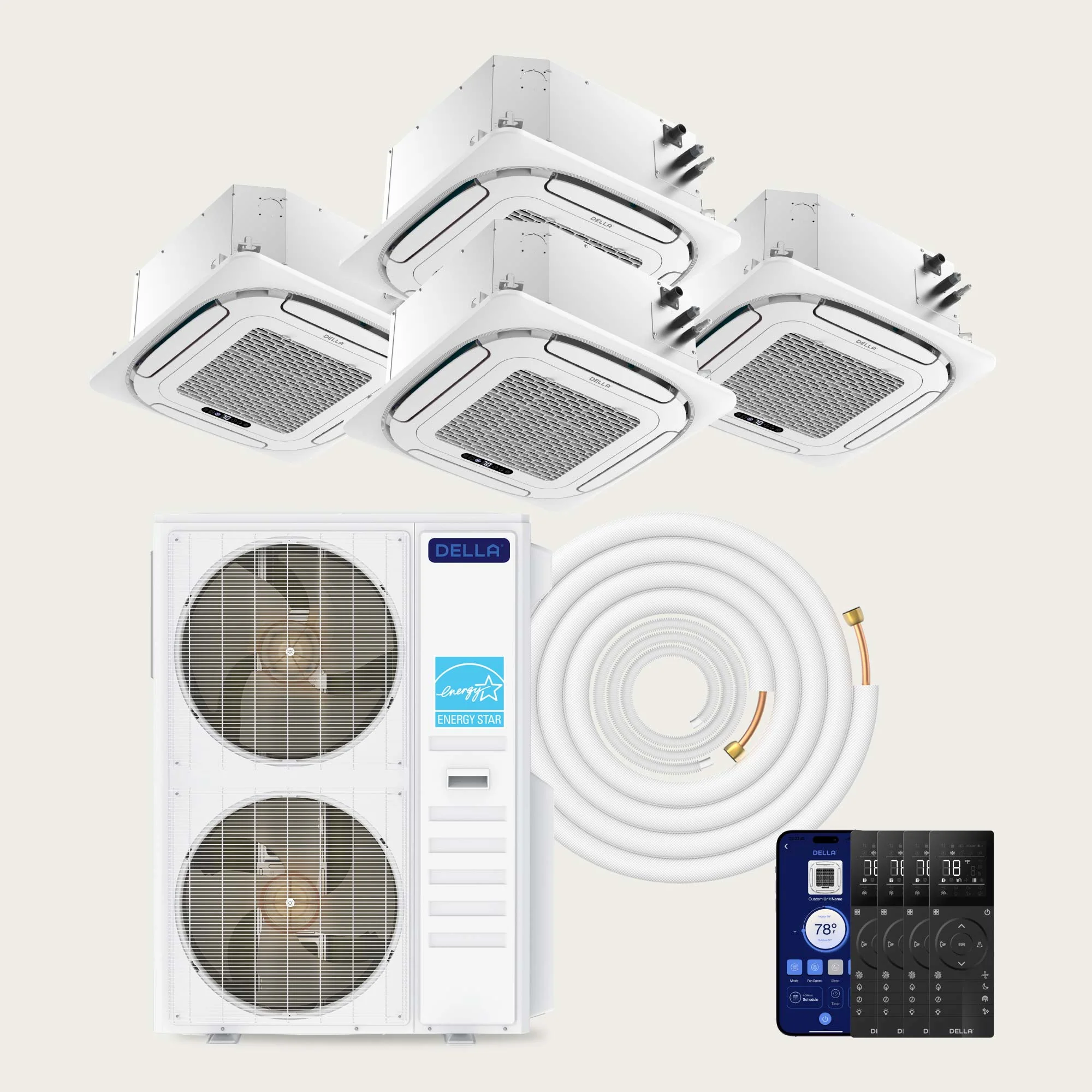 DELLA 55000 BTU Quad Zone Ceiling Cassette Mini Split AC (9.5K+9.5K+12K+23K) - Up to 2850 Sq.Ft.
