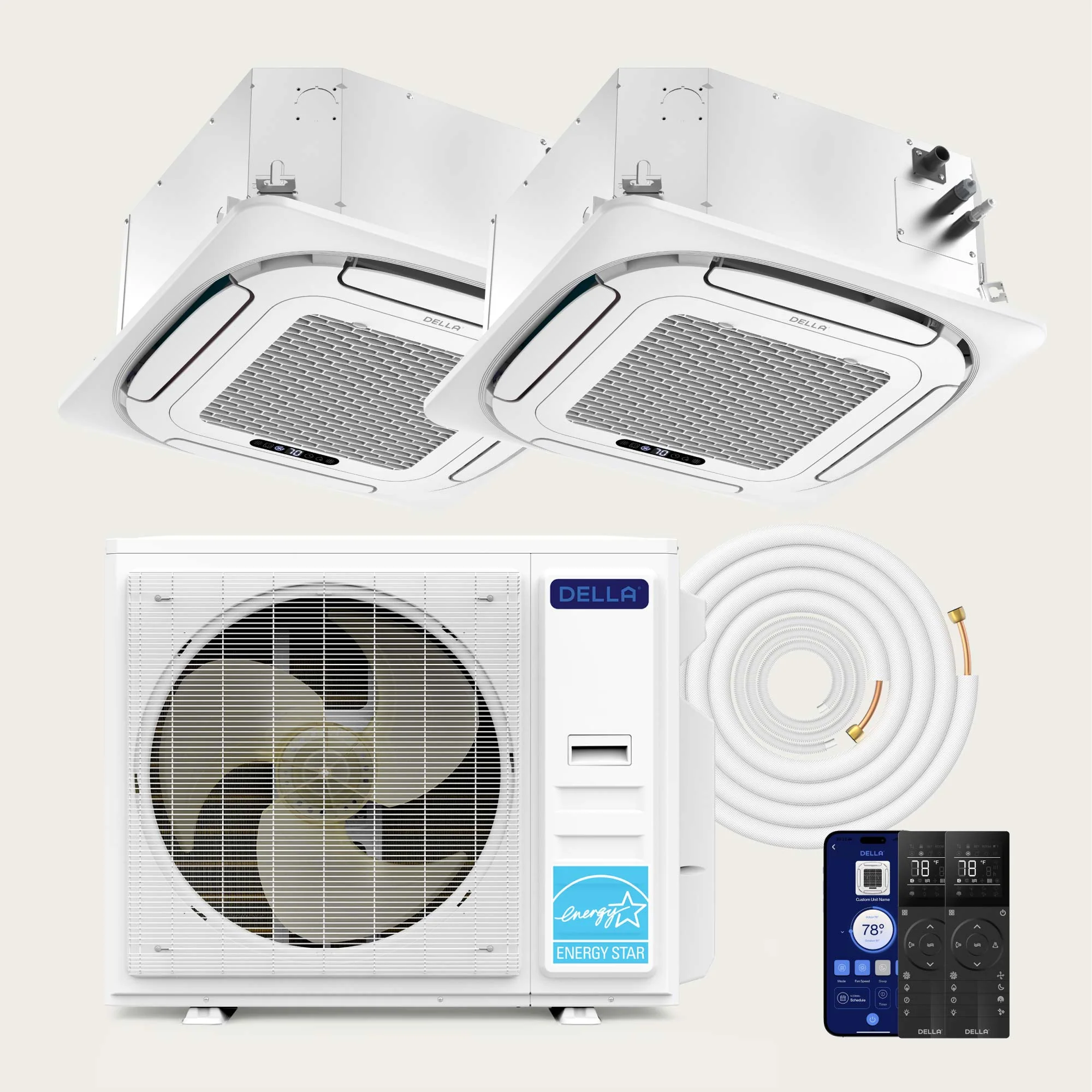 DELLA 35000 BTU Dual Zone Ceiling Cassette Mini Split AC (18K+18K) - Up to 2000 Sq.Ft.