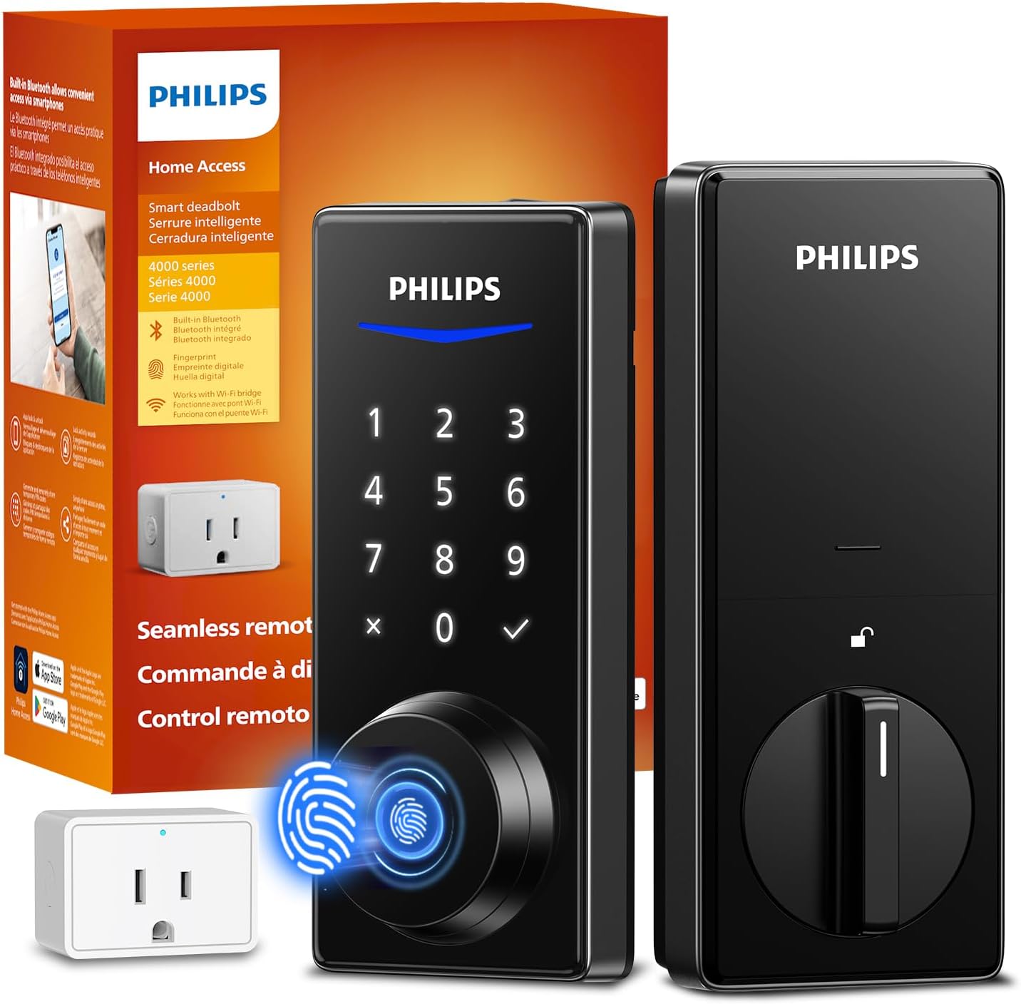 Philips Wi-Fi Smart Lock with Bridge, Fingerprint & App Control Auto Lock | 0.3s Unlock, 100 User PIN Codes, Fits Most Doors, Weatherproof,
