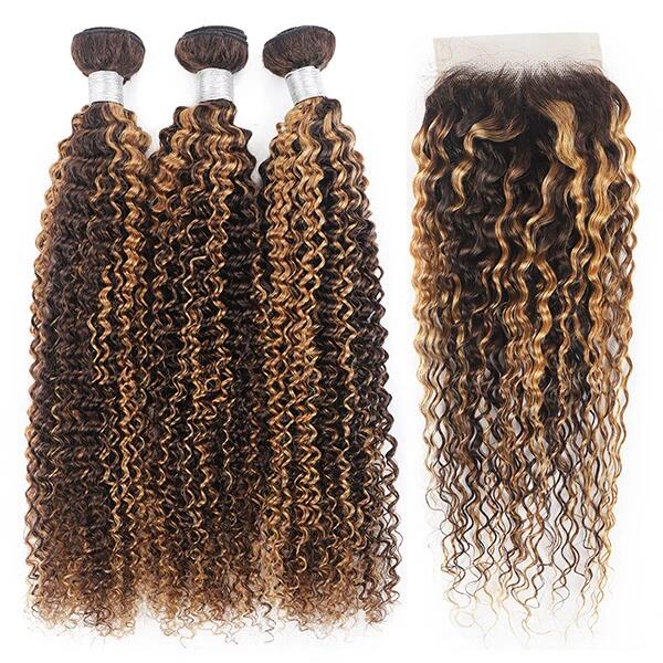 Kinky Curly Hair With Closure 3 Bundles With Closure Brown Ombre Honey Blonde Brazilian Hair Extensions (P4/27)