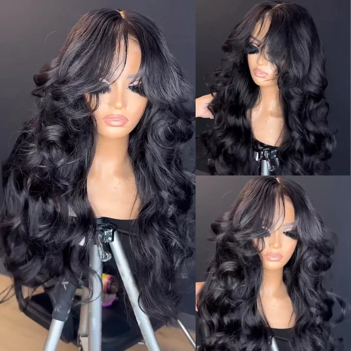 300% Density Luxury custom wigs Curtain Bangs Loose Wave Glueless 13x4 Lace Front Wigs Clear Transparent -Amanda Hair