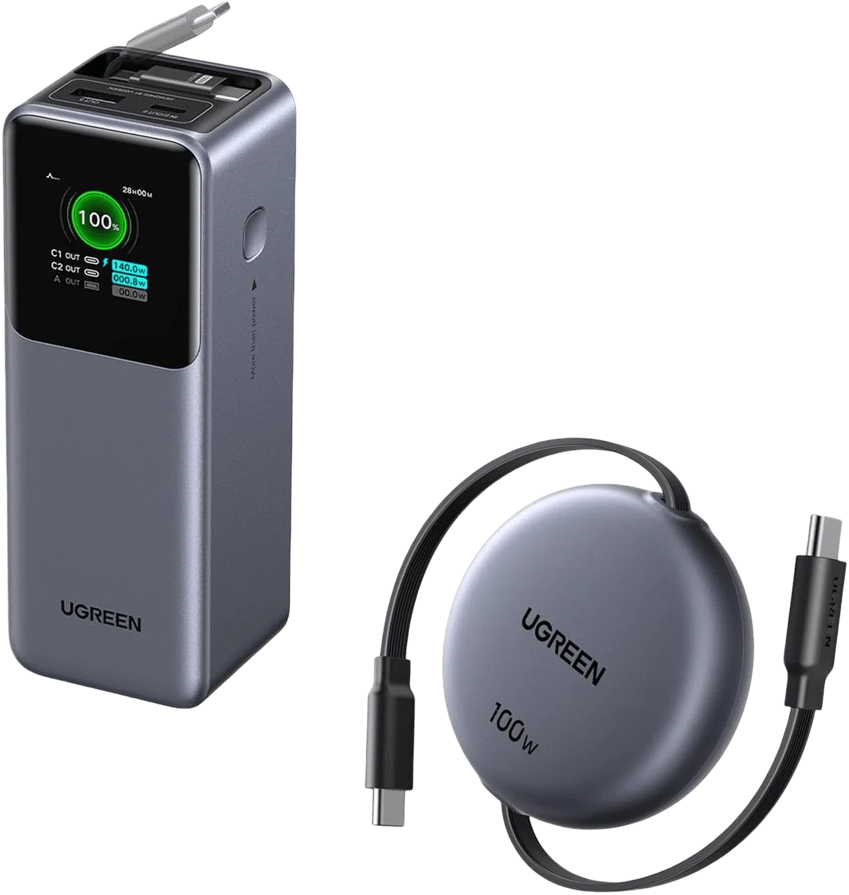 UGREEN 165W Retractable Power Bank 20000mAh with Retractable Cables