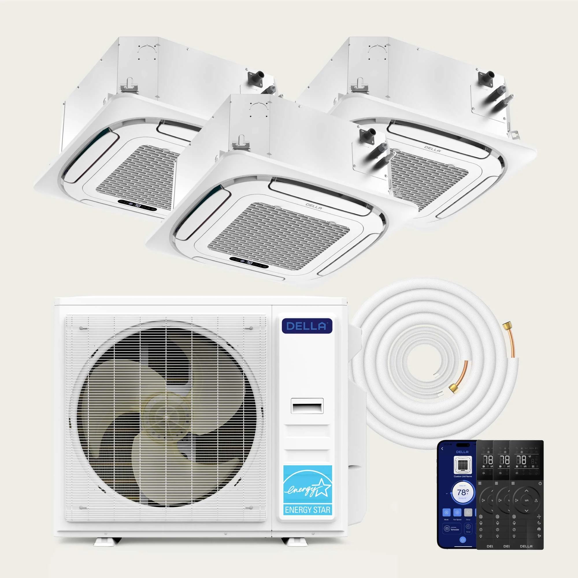 DELLA 42000 BTU Tri-Zone Ceiling Cassette Mini Split AC (9K+12K+18K) - Up to 1950 Sq.Ft.