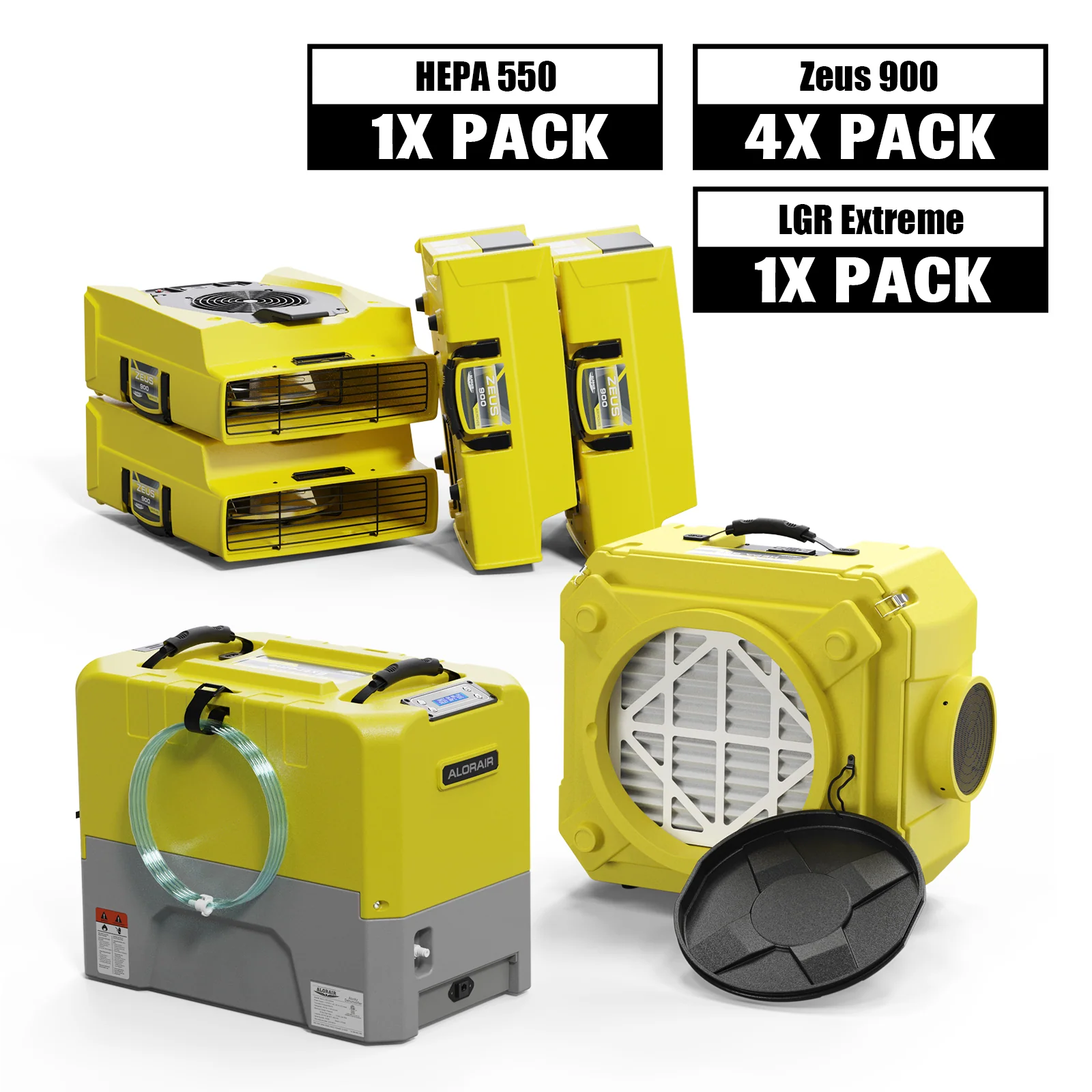 AlorAir® Combo Pack for Water Damage Restoration, 1 x Storm LGR Extreme Commercial Dehumidifier, 4 x Zeus 900 Air Movers, 1 x CleanShield HE