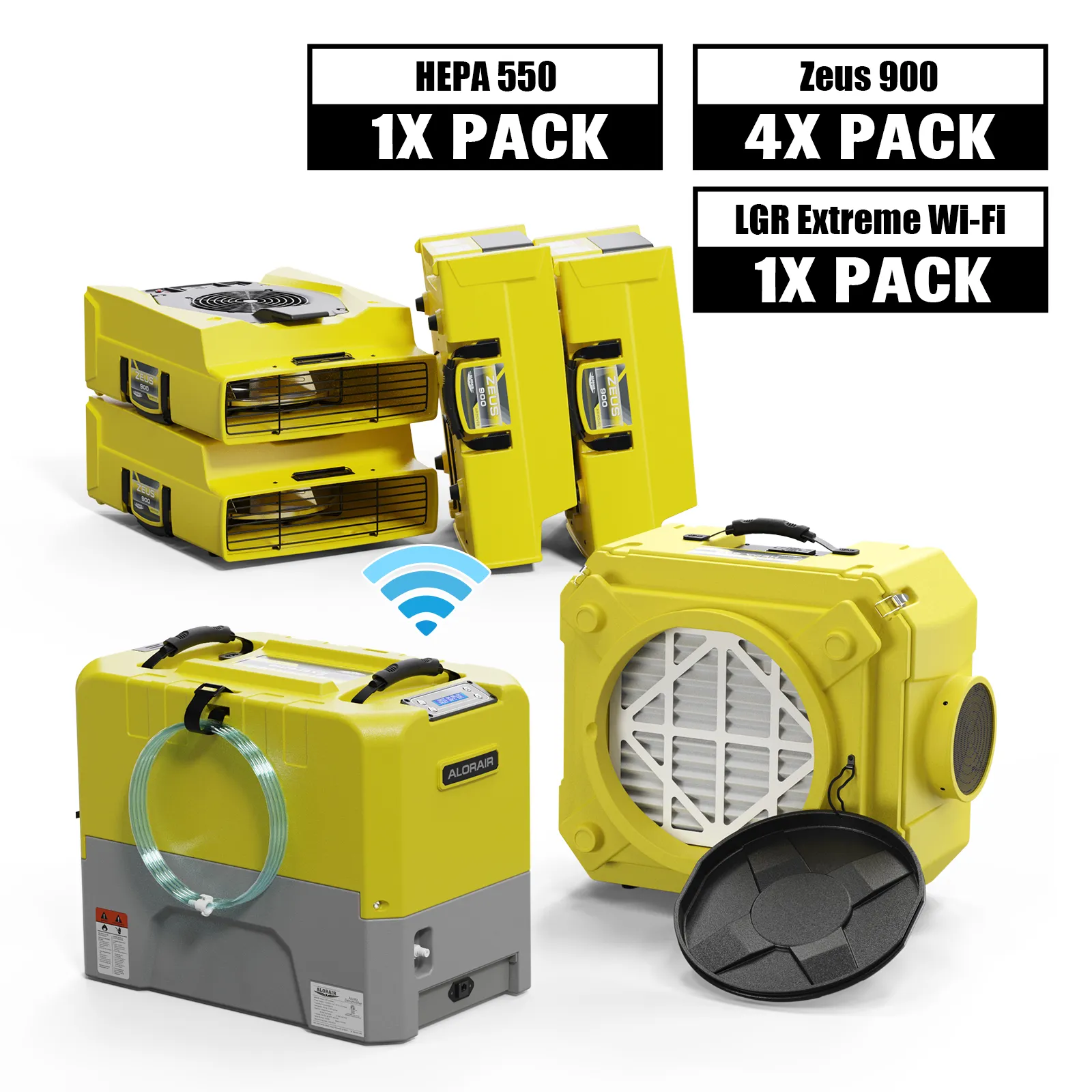 Alorair Mold Prevention Combo Pack, 1 X Storm LGR Extreme Wi-Fi Commercial Dehumidifier, 4 X Zeus 900 Air Mover, 1 X CleanShield HEPA 550 Ai