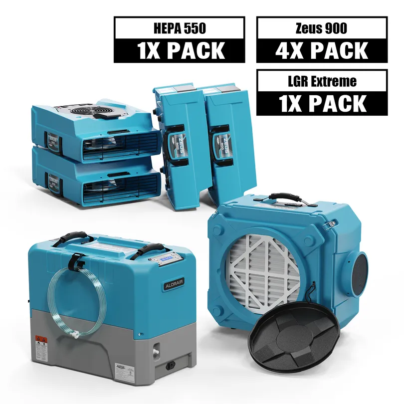Alorair Mold Prevention Combo Pack, 1 X Storm LGR Extreme Commercial Dehumidifier, 4 X Zeus 900 Air Mover, 1 X CleanShield HEPA 550 Air Scru