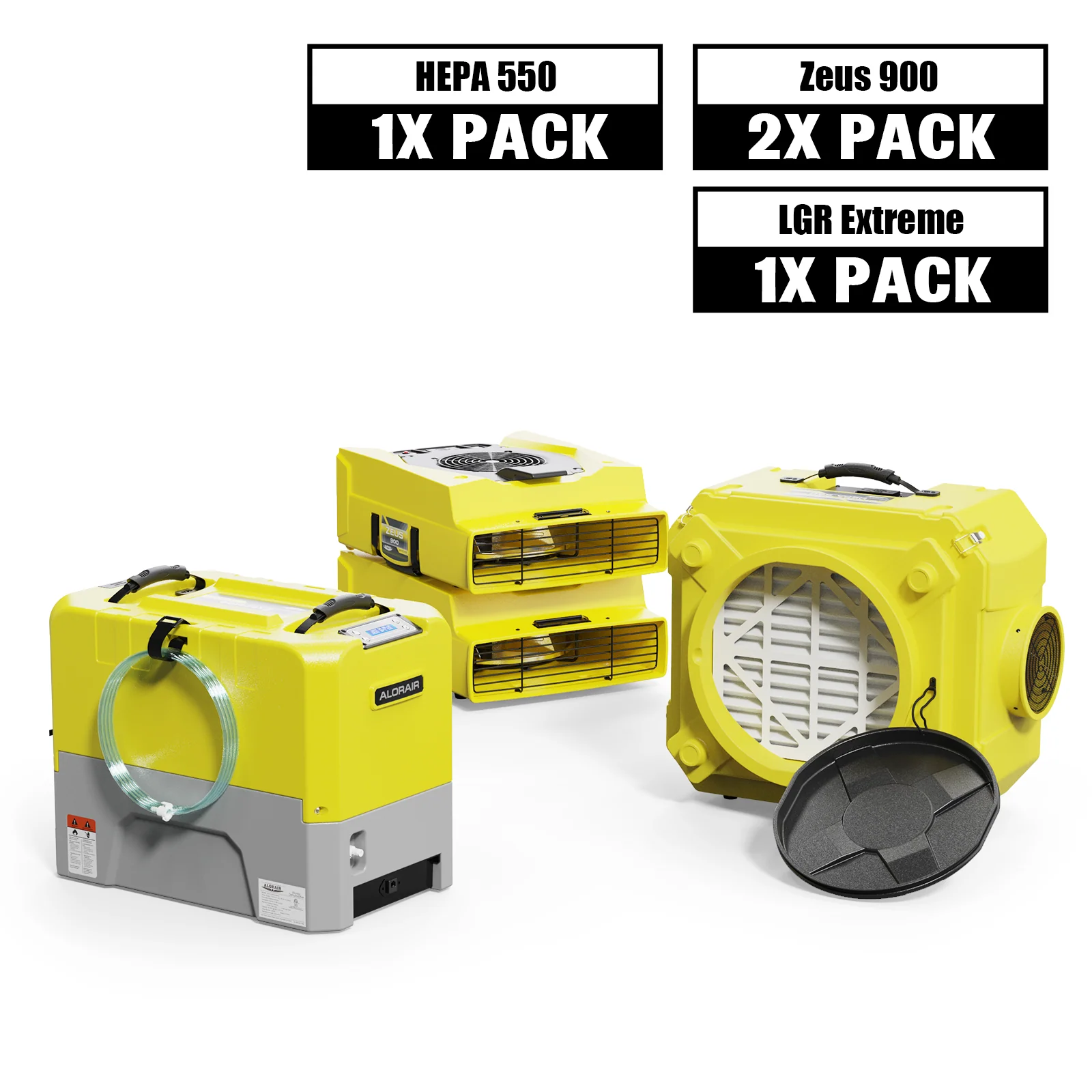 AlorAir Water Damage Restoration Combo Pack, 1 XStorm LGR Extreme Dehumidifier, 2 X Zeus 900 Air Mover, 1 X CleanShield HEPA 550 Air Scrubbe