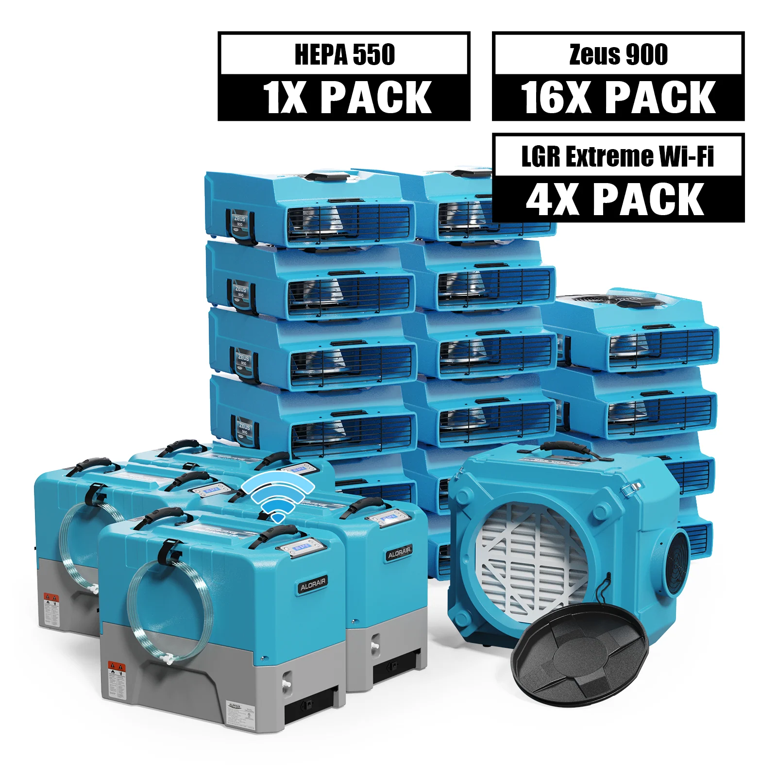 AlorAir® Water Damage Restoration Equipment Packagerm LGR Extreme Wi-Fi 85 Pint, 4 x Sto Commercial Dehumidifier, 16 x Zeus Air Mover, 1 x H