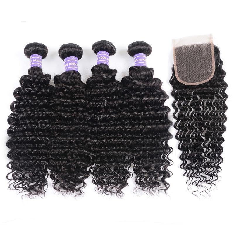 Klaiyi Remy Hair 4 Bundles Natural Black Brazilian Deep Wave Human Hair Bundles With Closure Youth Series, 10 10 10 10+10 / Free Part