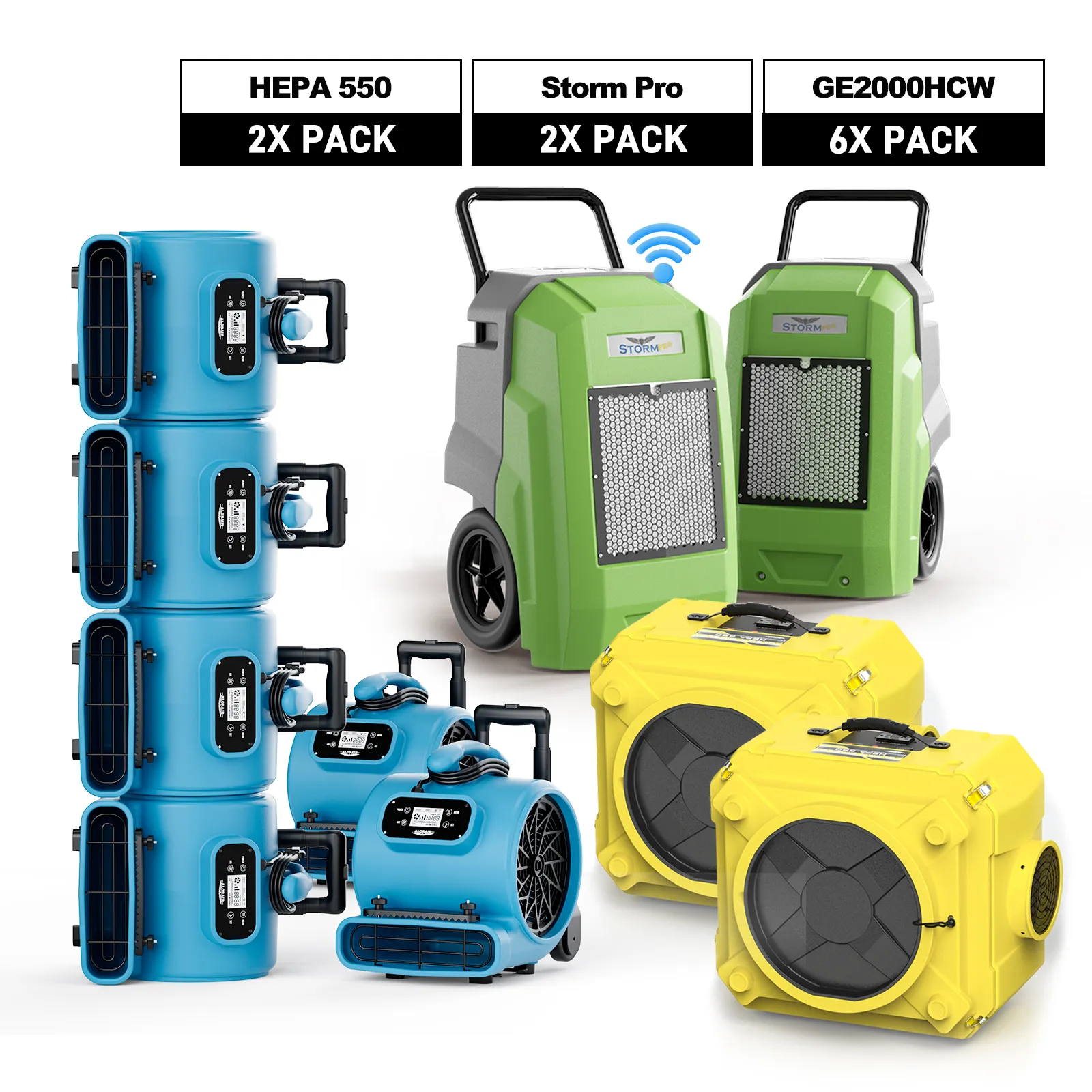 AlorAir Water Damage Restoration Combo Pack, 2 X Storm Pro Dehumidifier, 6 X GE2000HCW Air Mover, 2 X HEPA 550 Air Scrubber