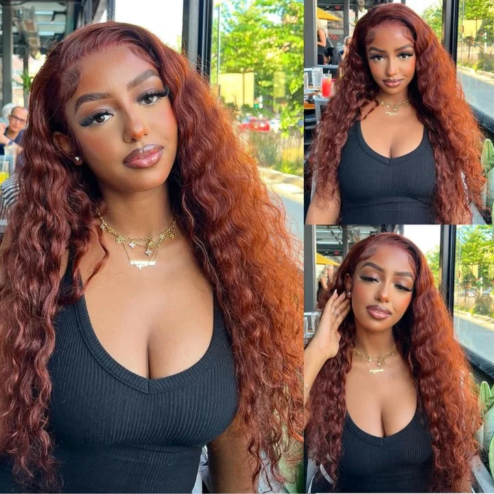 300% Density 13x4 Pre Everything Reddish Brown Color Body Wave / Jerry Curly / Kinky Curly / Water Wave HD Transparent Lace Human Hair Wigs