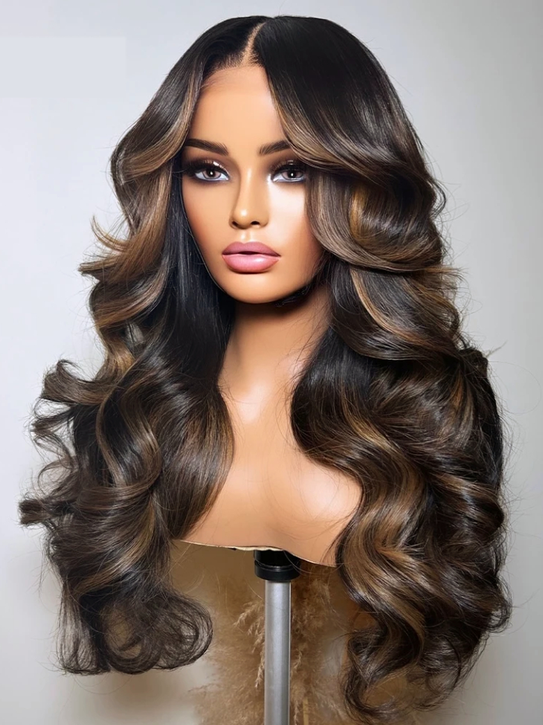 Nadula Mocha Brown Highlight Wig 7x5 No Slip Wig Loose Body Wave Wig Chocolate Brown with Caramel Highlights