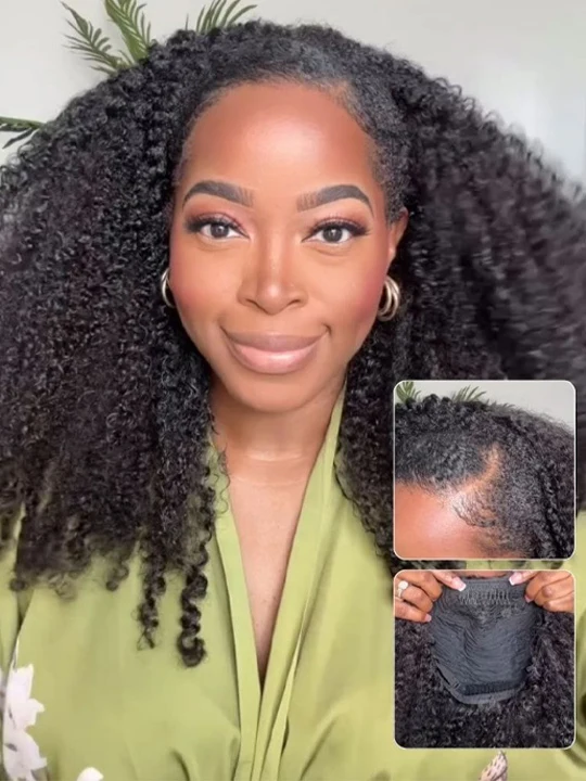 [3 In 1 Half Wig] Afro Curly Flip Over Pull Go Drawstring Protective Half Wig Beginner Friendly