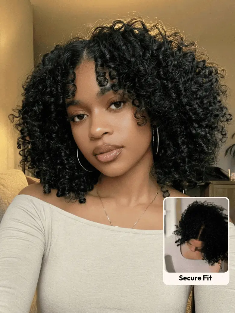 Klaiyi 7x5 Glueless Lace Wig 200% Density Afro Kinky Curly with Face-Framing Layers & Natural Finger Coils, V Part-150%-Finger Coil Ends / 1