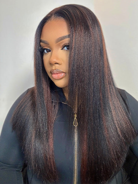 [Weekly Sale] Dark Brown Highlights Yaki Straight Pre Everything Glueless Lace Frontal Wig