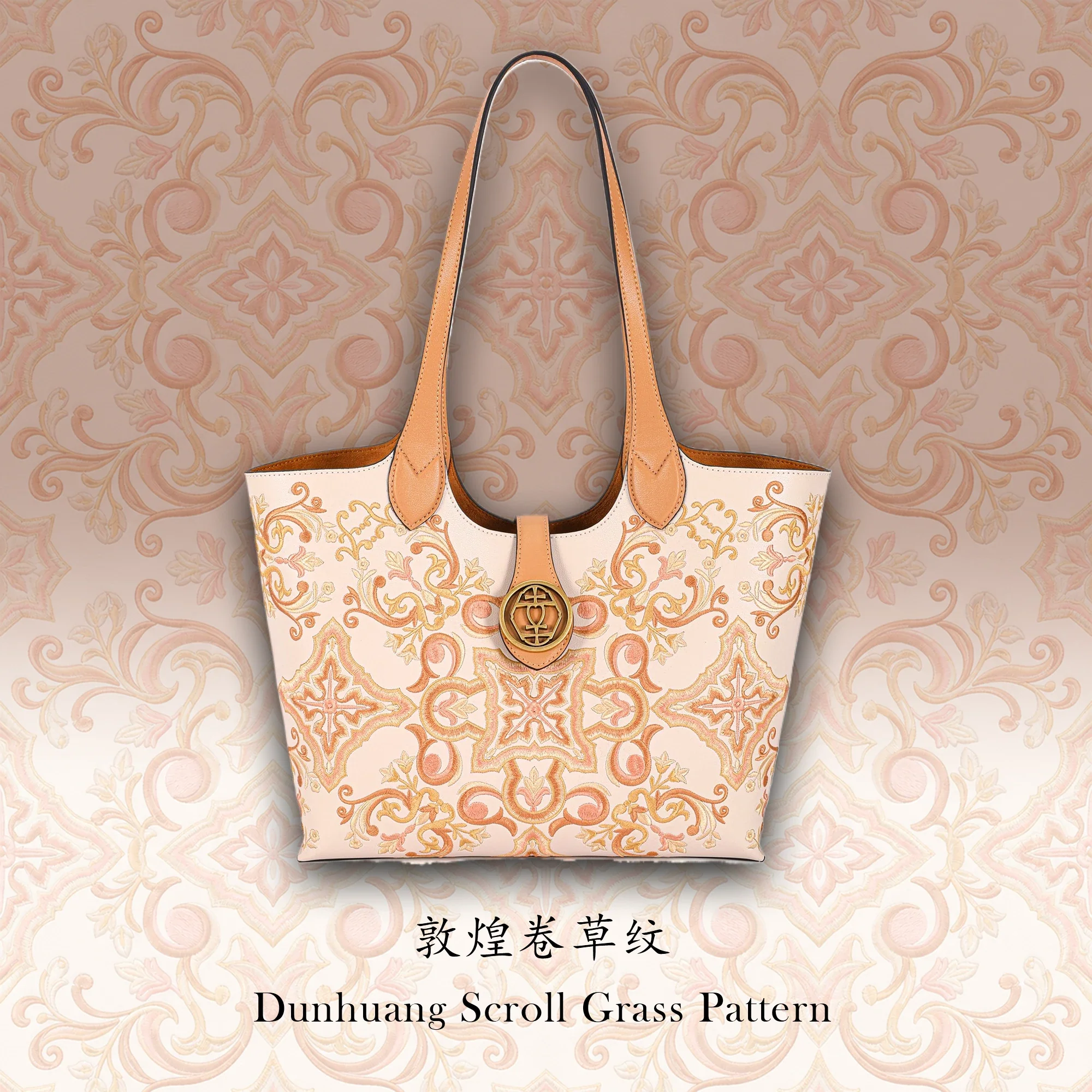 Handmade Chinese Floral Embroidered Genuine Leather Tote Bag