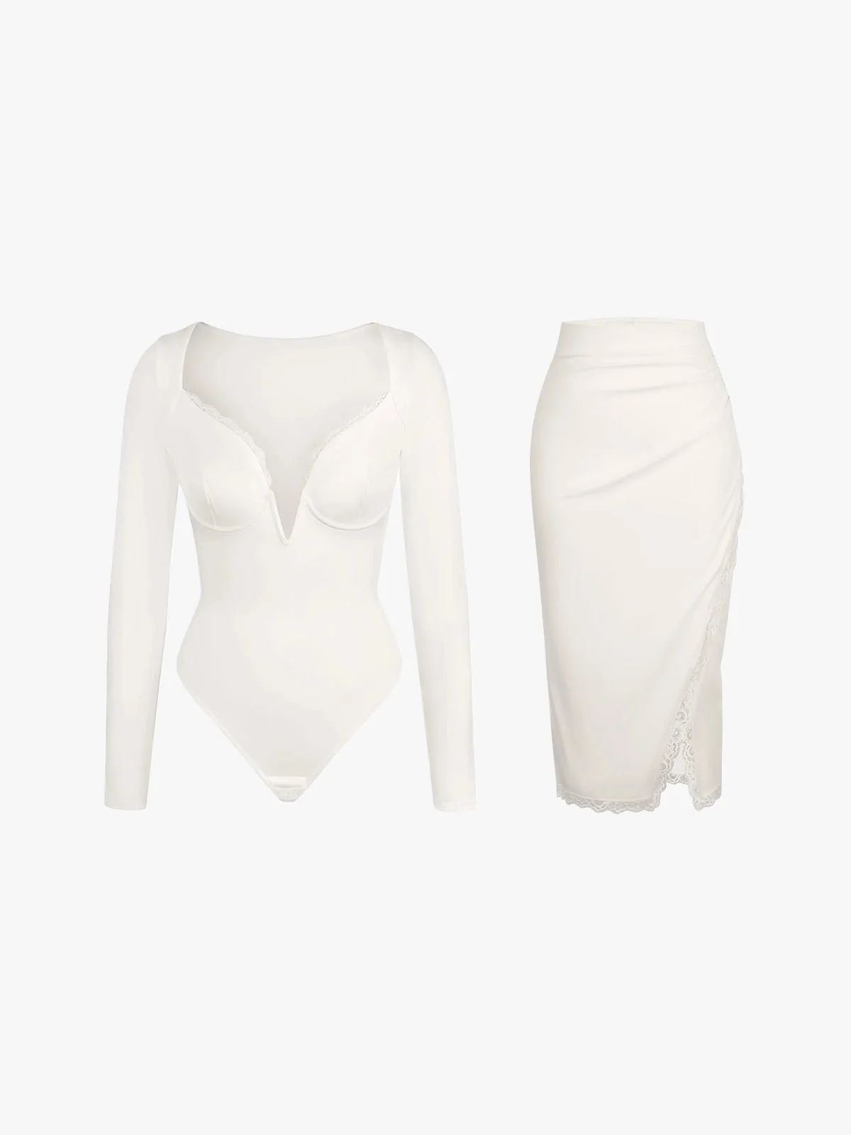 Shapewear Sculpting Lace Trim Bodysuit Midi Wrap Skirt Set