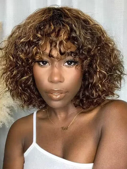 [Wear & Go] Highlight Bob Wig With Bangs Water Wave Glueless Wig 100% Human Hair