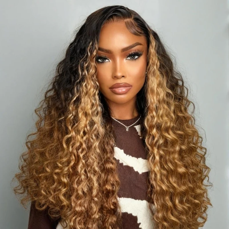 V Part Ombre Highlights Brown Water Wave Wig Hand-woven Invisible Drawstring Glue-free 100% Human Hair Beginner-friendly Flash Sale