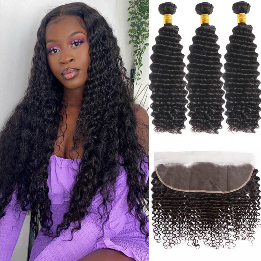 Geetahair Deep Wave 3 Bundles With 13x4 Lace Frontal Virgin Humam Hair - 20 22 24 +16