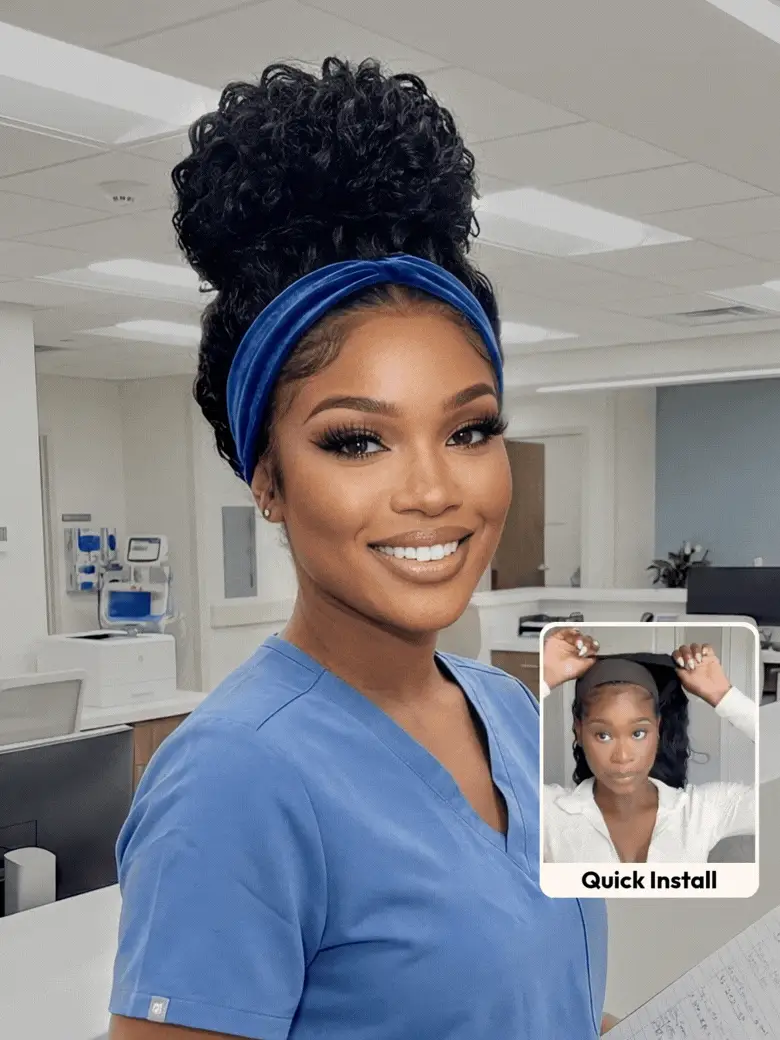 Klaiyi Water Wave Headband Wig 2-in-1 Glueless Human Hair Wig with Invisi Drawstring, 180% / 16 / Black+Gray Included