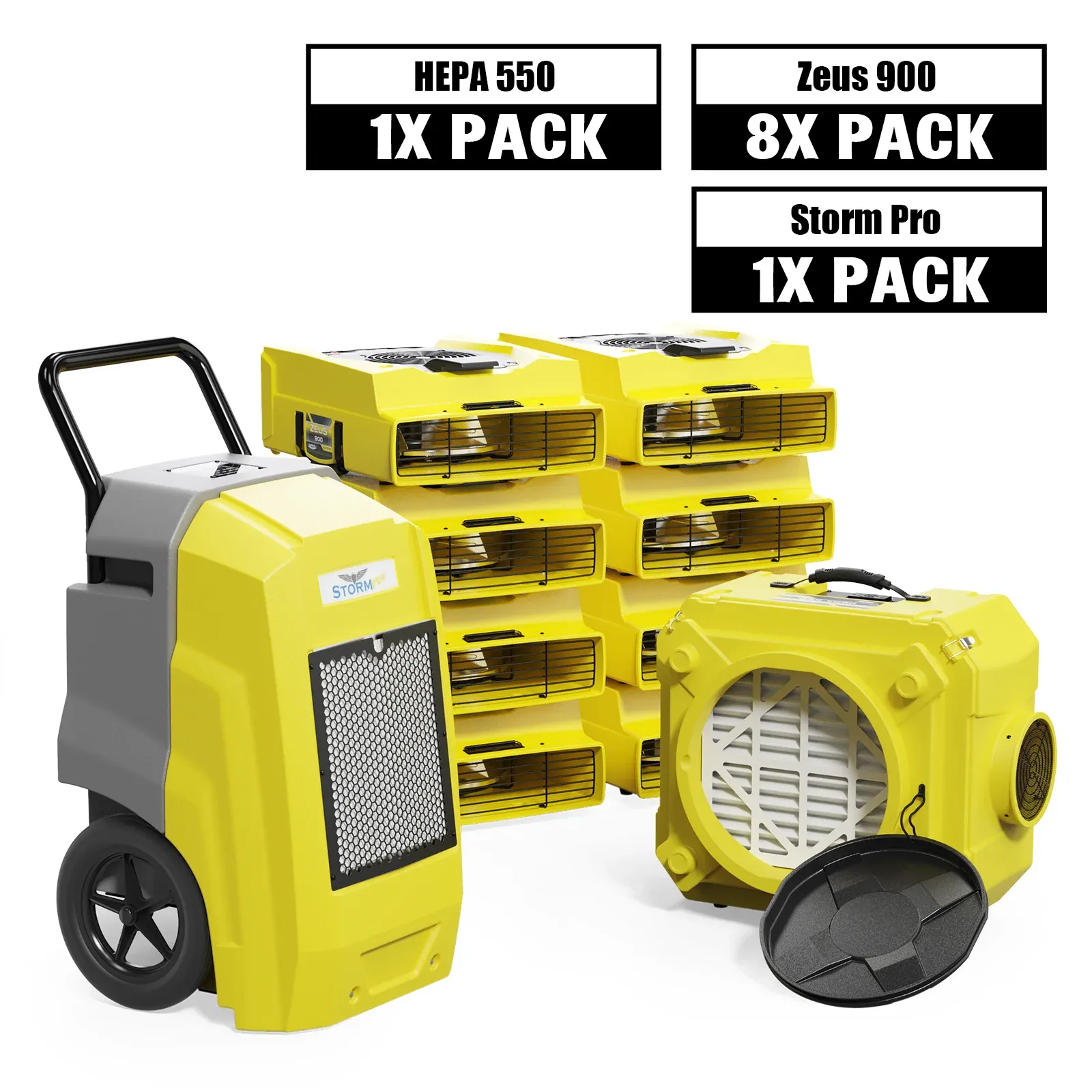 Alorair Water Damage Restoration Combo Pack, 1 X Storm Pro Commercial Dehumidifier, 8 X Zeus 900 Air Mover, 1 X CleanShield HEPA 550 Scrubbe