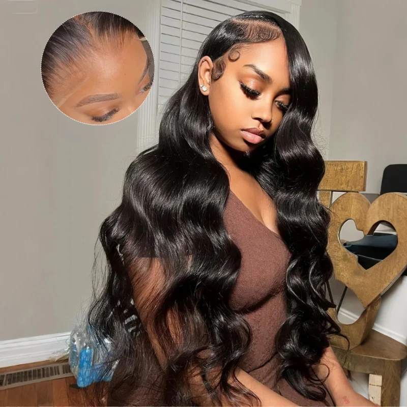 300% Density Glueless 3D Body Wave 7x5 / 13x4 HD Transparent Lace Pull And Go Invisible Drawstring Human Hair Wigs With Natural Hairline-Ama
