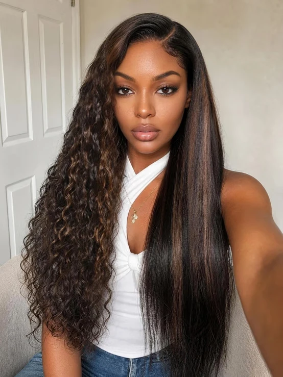 Klaiyi Dream Curls 2-IN-1 Wet & Wavy Wig Straight to Water Wave Golden Brown Highlight 7x5 Glueless Lace Human Hair Wig, 7x5 Lace -150% / 16