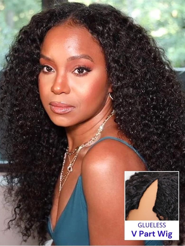 Nadula New V Part Jerry Curly Hand Tied & EasiContour鈩?Glueless Wig Beginner Friendly Protective Human Hair Wig