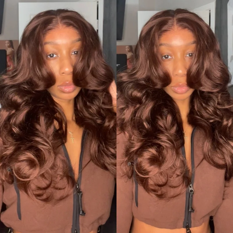 Chestnut Brown Loose Wave Human Hair Wigs with Curtain Bangs Glueless Lace Front Colored Wig