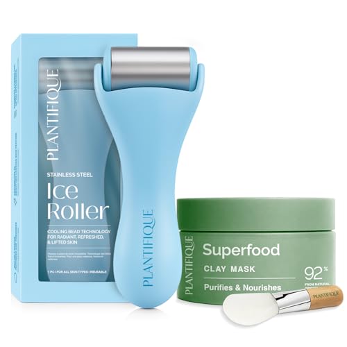 PLANTIFIQUE Korean Skincare Clay Mask – Hydrating Mud Mask, 110 g & Ice Roller for Face - Reduce Puffiness, Improve Lymphatic Drainage and Soothe Skin
