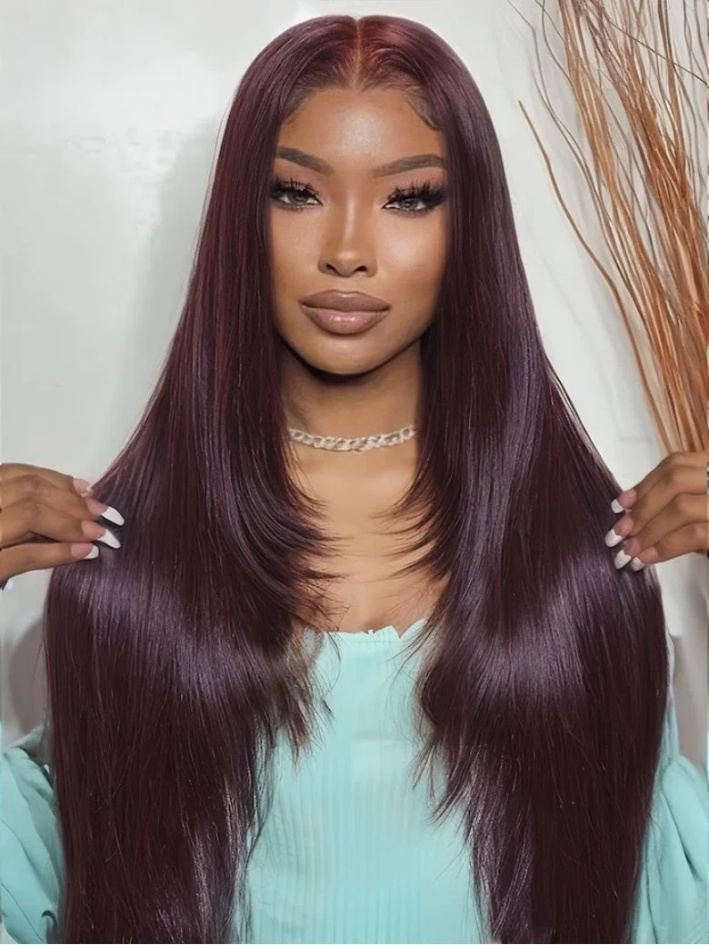 Code: HALF50 | Klaiyi 7x5 Bye Bye Knots Black Cherry Color Layered Cut Straight Lace Frontal Wig 13x4 Pre-Everything Wig, 7x5-180%(New Draws