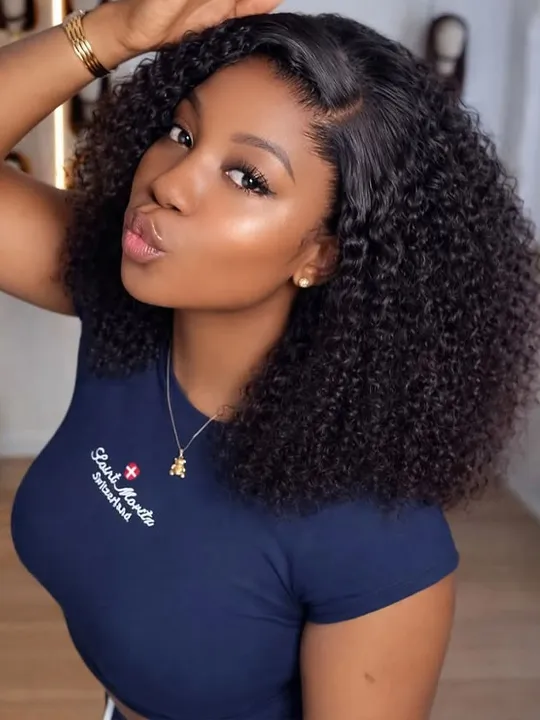 Pre Styled Pixie Curly Hair Glueless Side Part Lace Wig Bomb Hairstyle 100% Human Hair Wigs