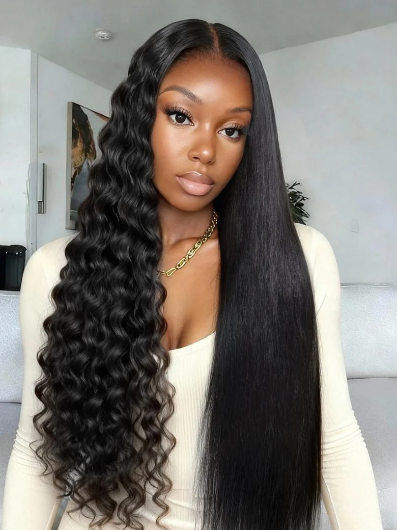 Klaiyi Wet&Wavy 2 in 1 Straight to Water Wave Dream Curls Wig 13x4 Put On And Go with Invisi Drawstring Human Hair, 13¡Á4 150% / 16 / Pre-Bl