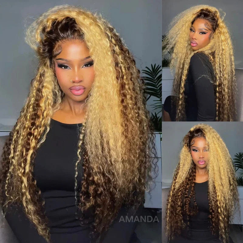 Extra 50% Off | Highlight Color Honey Blonde Curly Glueless HD Transparent Lace Front/Closure Wig With Brown Roots