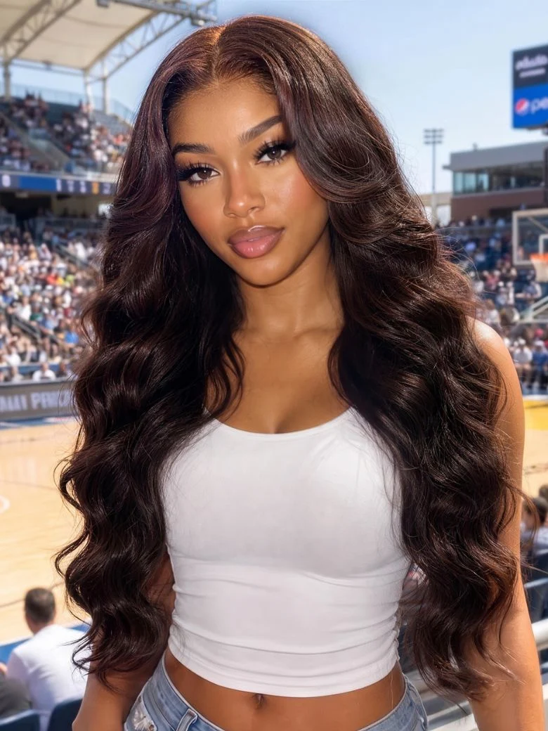 Klaiyi 7x5 No-Slip Glueless Lace Wig Dark Auburn Loose Wave Human Hair Wig With Curtain Bangs, 7x5 150%-Glueless / 16 / Pre-Bleached & Pluck