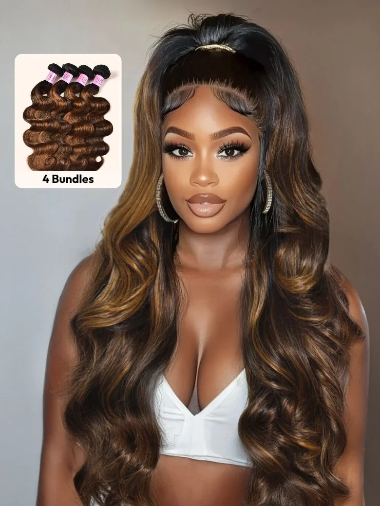 Klaiyi Brown Balayage #1b/30 Highlight Color Body Wave Human Virgin Hair Bundles Deal , 8 8