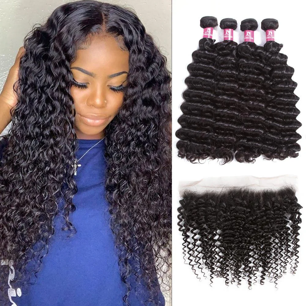 Deep Wave 4 Bundles With 13*4 Lace Frontal Brazilian Hair 10A Grade 100% Remi Human Hair Soft Shiny Wave Hair - Amanda Hair - 18 20 22 24 +1