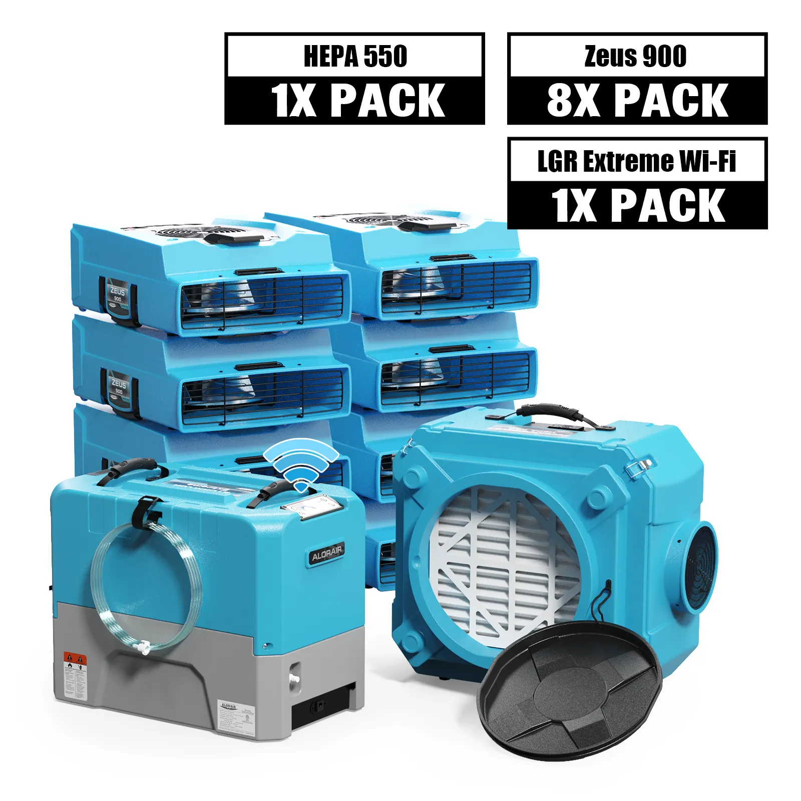 Alorair Water Damage Restoration Combo Pack, 1 X Storm LGR Extreme WI-FI Commercial Dehumidifier, 8 X Zeus 900 Air Mover, 1 X CleanShield HE