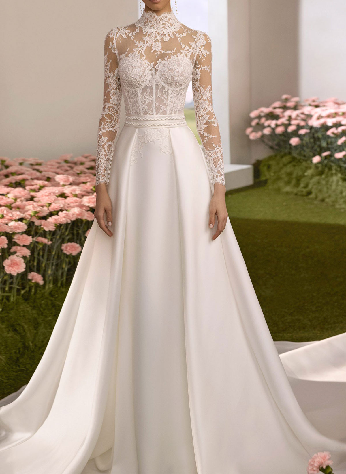 A-Line High Neck Long Sleeves Chapel Train Lace/Matte Satin Wedding Dresses With Lace/Overskirt Dress